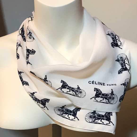 CELINE PARIS Horse Carriage Logo Silk Scarf White - Picture 2 of 7